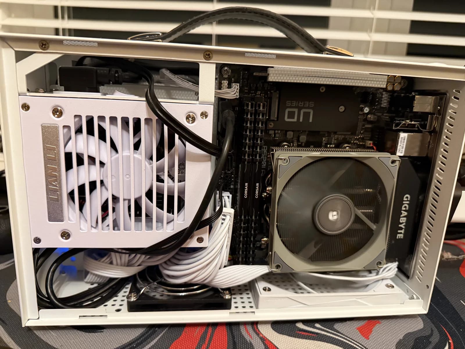 Mini-ITX build showing the Ryzen processor cooling and compact internal layout